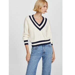 Mango MNG NWT Ecru V Neck Cable Knit Sweater Spring Office Casual Formal Size XL